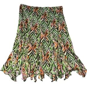 Green multicolor boho print midi ruffle bottom skirt fairycore hippie y2k‎